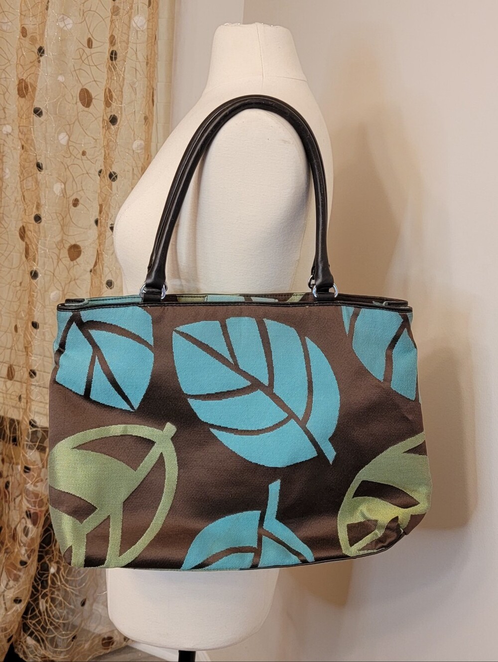 Talbots Brown Shoulder Bag with Blue & Green Leaf Print